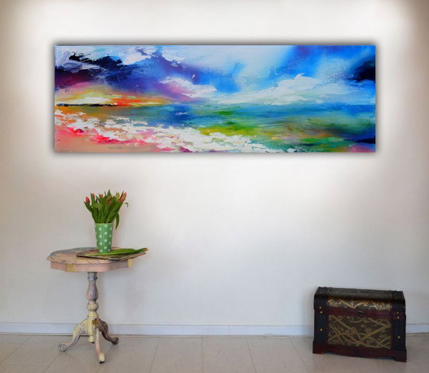 Tablou pictat manual XL, ''New Horizon 81" - Peisaj abstract XL - Pictura pe panza cu sasiu din lemn,120x40x2 cm, Ready to Hang, Modern, Unicat, Original