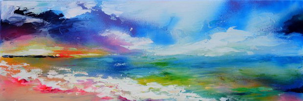 Tablou pictat manual XL, ''New Horizon 81" - Peisaj abstract XL - Pictura pe panza cu sasiu din lemn,120x40x2 cm, Ready to Hang, Modern, Unicat, Original