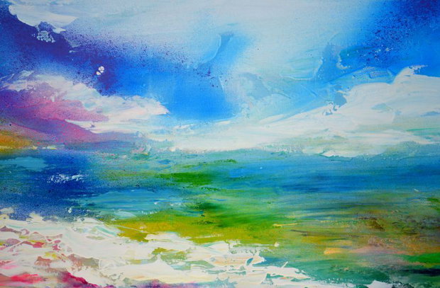 Tablou pictat manual XL, ''New Horizon 81" - Peisaj abstract XL - Pictura pe panza cu sasiu din lemn,120x40x2 cm, Ready to Hang, Modern, Unicat, Original