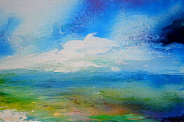 Tablou pictat manual XL, ''New Horizon 81" - Peisaj abstract XL - Pictura pe panza cu sasiu din lemn,120x40x2 cm, Ready to Hang, Modern, Unicat, Original