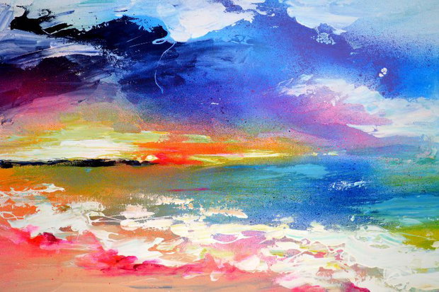 Tablou pictat manual XL, ''New Horizon 81" - Peisaj abstract XL - Pictura pe panza cu sasiu din lemn,120x40x2 cm, Ready to Hang, Modern, Unicat, Original