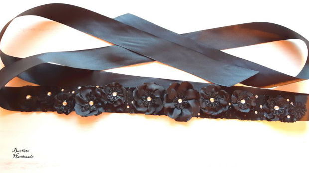 Brau cu flori textie/Cordon black/Curea cu floricele