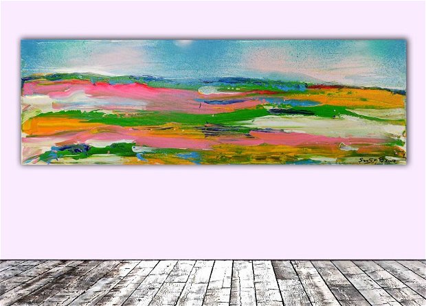 Tablou pictat manual , ''New Horizon 24" - Peisaj abstract  - Pictura pe panza cu sasiu din lemn,60x20x2 cm, Ready to Hang, Modern, Unicat, Original