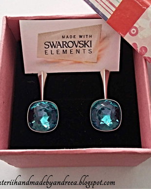 Cercei argint 925 cu piatra swarovski Square 10mm Indicolite