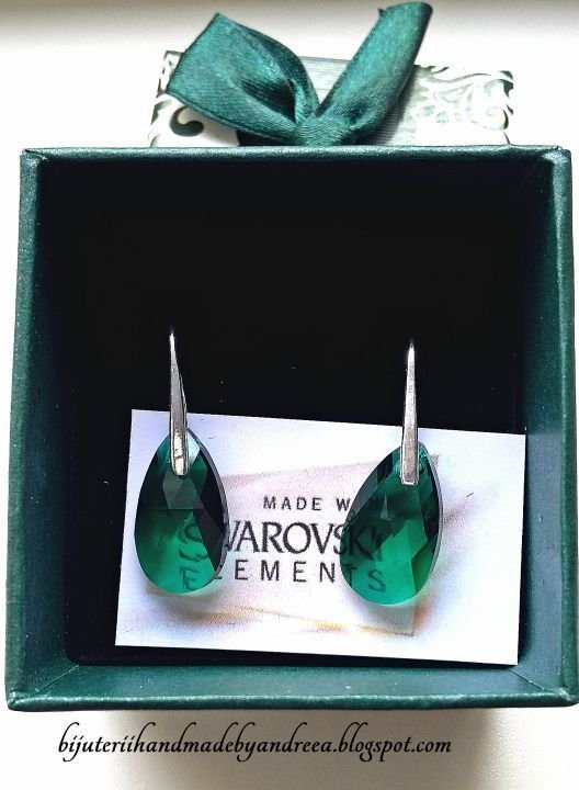 Cercei argint 925 cu piatra Swarovski Pear 16mm Emerald