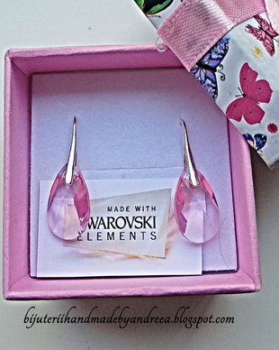 Cercei argint 925 cu piatra Swarovski Pear 16mm Light Rose