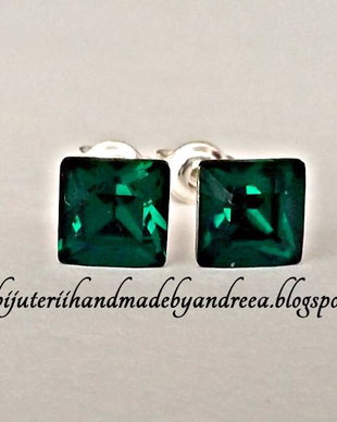 Cercei argint 925 cu piatra Swarovski Fancy Square 6mm Emerald