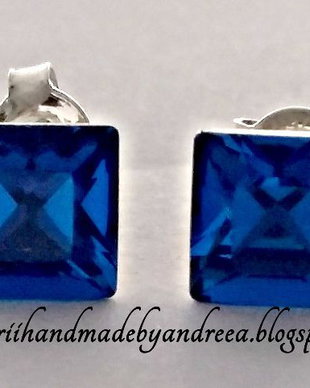 Cercei argint 925 cu piatra Swarovski Fancy Square 6mm Capri Blue