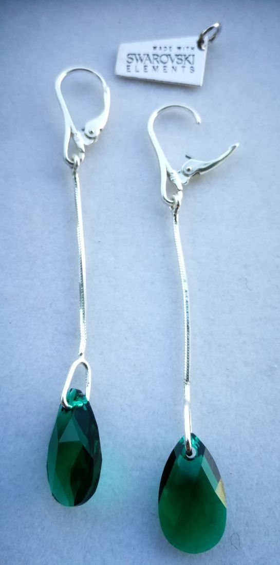 Cercei Argint 925 cu lantisor si cristale Swarovski Pear Emerald