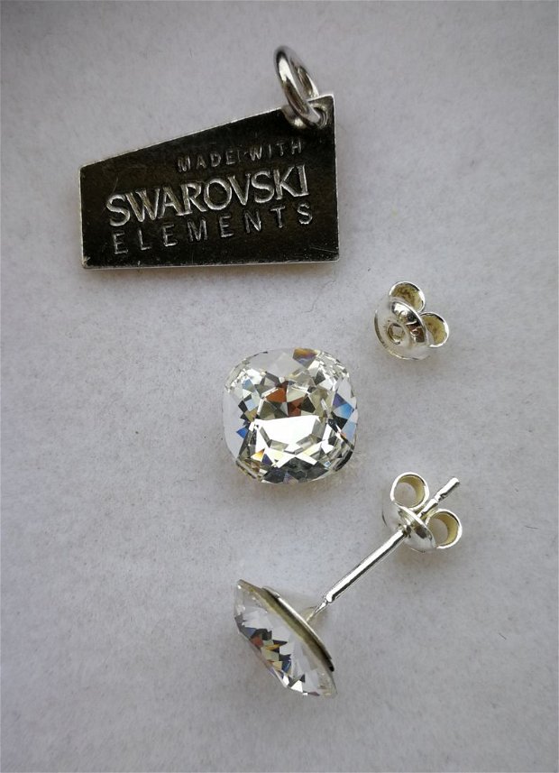 Cercei argint si cristale Swarovski fancy square, crystal, 10 mm