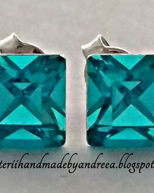 Cercei argint 925 cu piatra Swarovski Fancy Square 6mm Light Turquoise