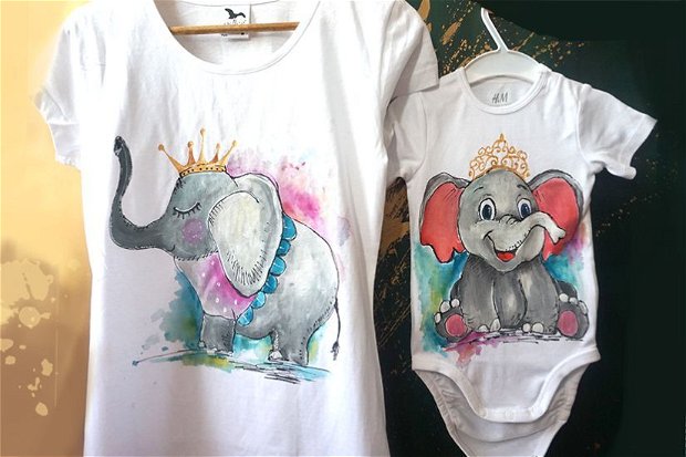 Tricouri set mama-fiica pictate cu elefanți