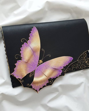 poseta plic handmade unicat din piele - Lila Butterfly