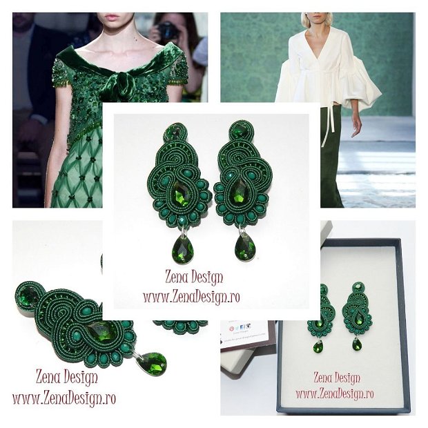 Cercei verzi eleganti, cercei cu cristale, cercei eleganti, cercei statement, cercei haute couture