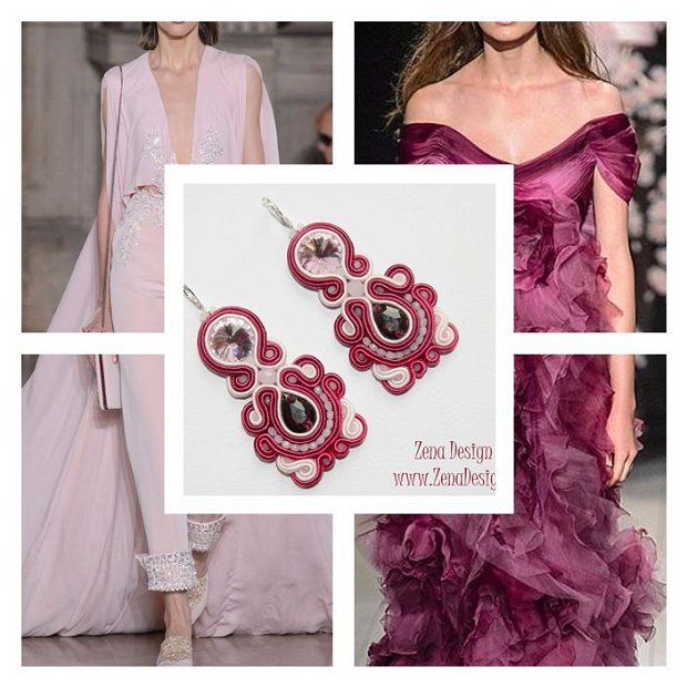 Cercei grena cu roz si cristale   cercei cu cristale, cercei statement, cercei haute couture, cercei handmade unicat