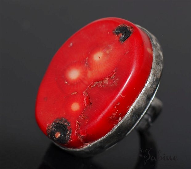 Inel supradimensionat din coral, argint 925, inel mare, inel statement, coral rosu