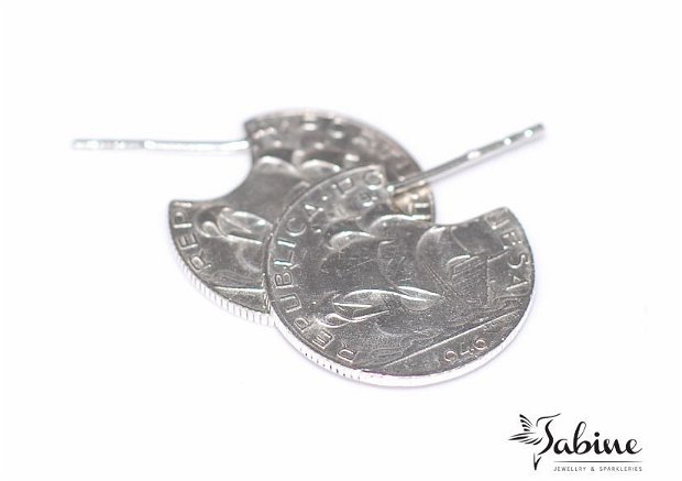 Cercei din argint, din monede de 2.5 escudos, din Portugalia, cercei rotunzi
