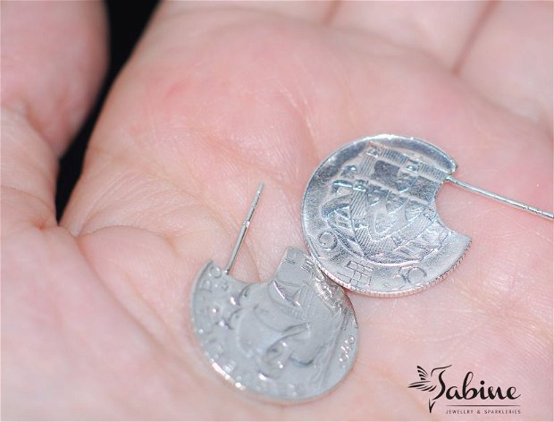 Cercei din argint, din monede de 2.5 escudos, din Portugalia, cercei rotunzi