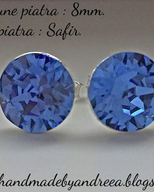 Cercei argint 925 cu piatra Swarovski Chaton 8mm Safir