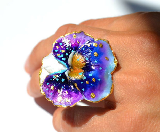 Golden Pansy - Inel reglabil unicat Poleit cu aur 24k