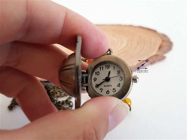 Medalion ceas functional, ceas de pus la gat, ceas de buzunar, ceas cu palarie, colier cu ceas