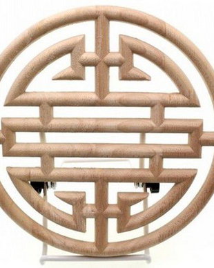 K0249 - (1buc) Blanc, decoratiune din lemn de cauciuc sculptat, natur, nelacuit nevopsit, simbol chinezesc SHOU, longevitate, 12cm