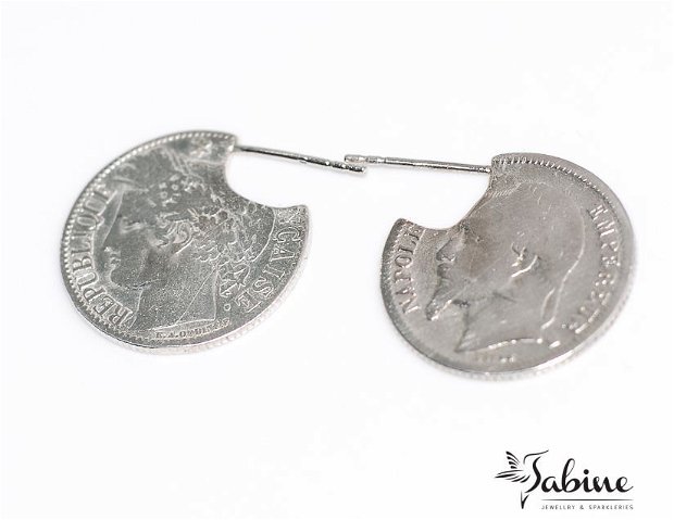 Cercei din argint, din monede de 1 franc, din Franţa, cercei rotunzi