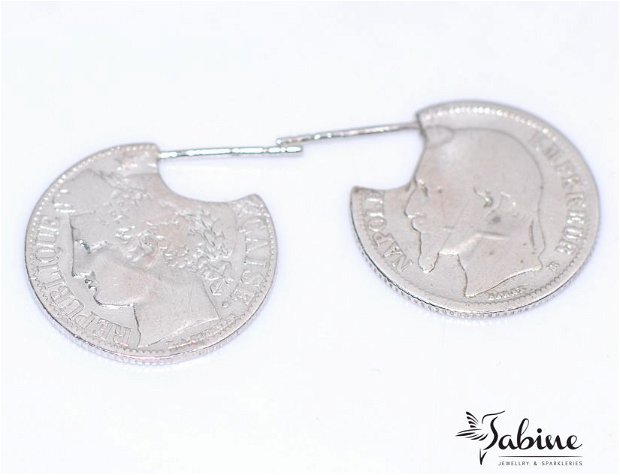 Cercei din argint, din monede de 1 franc, din Franţa, cercei rotunzi