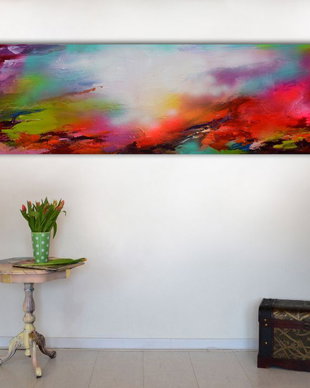 Tablou pictat manual XL, ''New Horizon 82" - Peisaj abstract XL - Pictura pe panza cu sasiu din lemn,120x40x2 cm, Ready to Hang, Modern, Unicat, Original