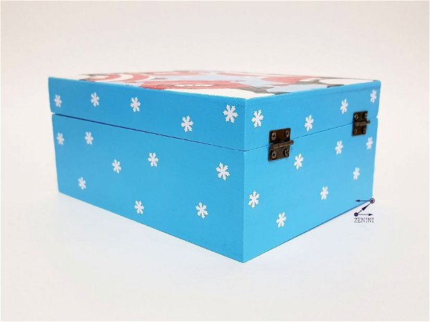 Cutie bijuterii pinguini, cutie pinguini, cutie amintiri, cutie bijuterii iarna, cutie fulgi de zapada, cutie albastra