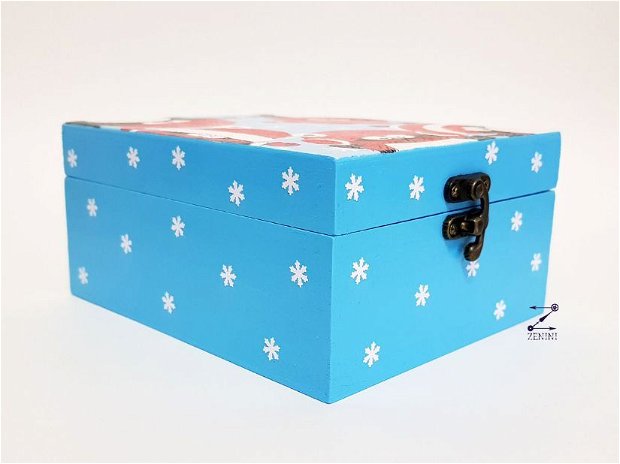 Cutie bijuterii pinguini, cutie pinguini, cutie amintiri, cutie bijuterii iarna, cutie fulgi de zapada, cutie albastra