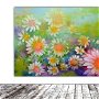 Tablou floral, Pictura Flori pe lemn de tei, Modern, Unicat, Ready to Hang, Original ''Daisies Stream" -55x35x2 cm, pictor Soos Roxana Gabriela