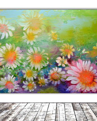 Tablou floral, Pictura Flori pe lemn de tei, Modern, Unicat, Ready to Hang, Original ''Daisies Stream" -55x35x2 cm, pictor Soos Roxana Gabriela