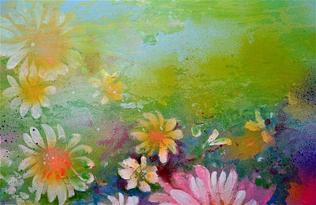 Tablou floral, Pictura Flori pe lemn de tei, Modern, Unicat, Ready to Hang, Original ''Daisies Stream" -55x35x2 cm, pictor Soos Roxana Gabriela
