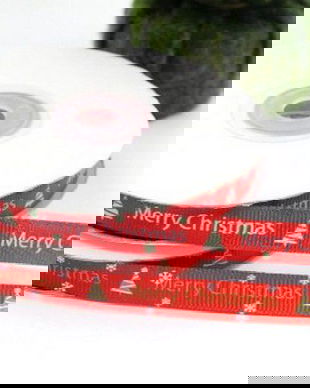 K0412 - (22.5m) Panglica ripsata/grosgrain, aspect matasos, diferite modele, Merry Christmas, 10mm