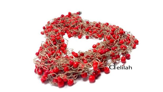 Colier matase bej si margele coral red (CO034)