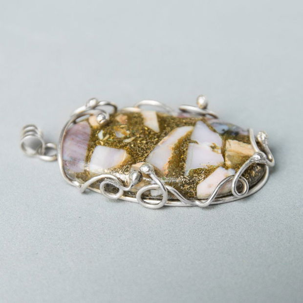 Pandantiv Argint 925, Opal roz si Pirita
