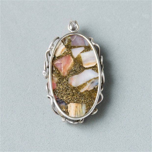 Pandantiv Argint 925, Opal roz si Pirita