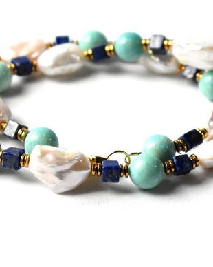 Colier si cercei din perle de cultura baroc, lapis lazuli, amazonit si hematit