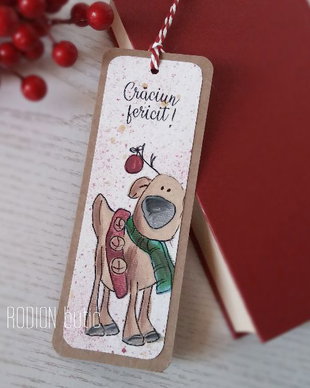 Semn de carte Craciun iarna pictat manual cu mesaj ren