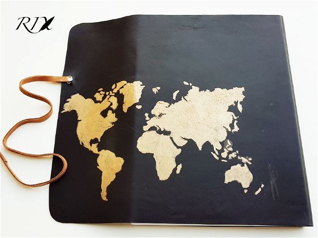 PROTOTIP (preț RROMOȚIONAL) - Jurnal (mare) de călătorie negru cu harta lumii - Jurnal de călătorie cu copertă de piele naturală neagră