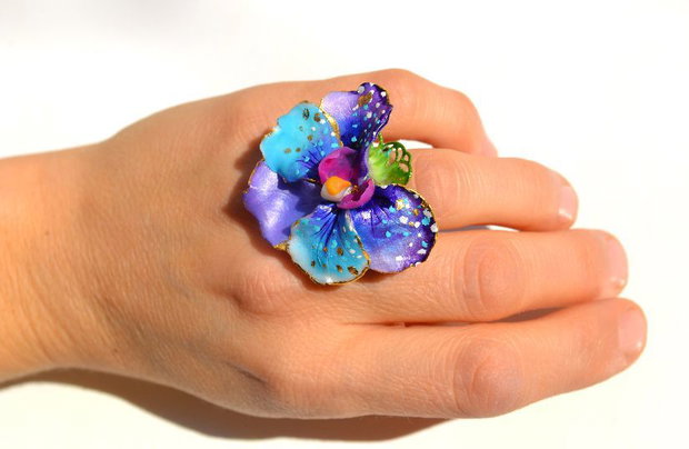 Golden Orchid, Inel Orhidee, Bijuterie Unicat Statement, Inel Reglabil, Albastru, Violet