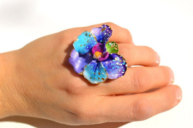 Golden Orchid, Inel Orhidee, Bijuterie Unicat Statement, Inel Reglabil, Albastru, Violet