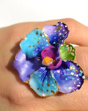Golden Orchid, Inel Orhidee, Bijuterie Unicat Statement, Inel Reglabil, Albastru, Violet