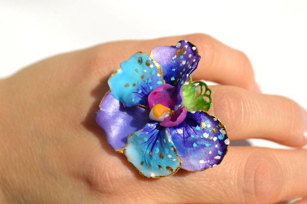 Golden Orchid, Inel Orhidee, Bijuterie Unicat Statement, Inel Reglabil, Albastru, Violet
