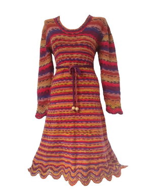 Rochie tricotata manual dungi colorata multicolor boho etno rosu bleumarin maro galben