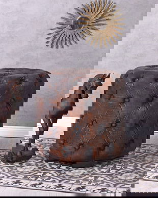 Otoman oval din lemn masiv cu tapiterie maro