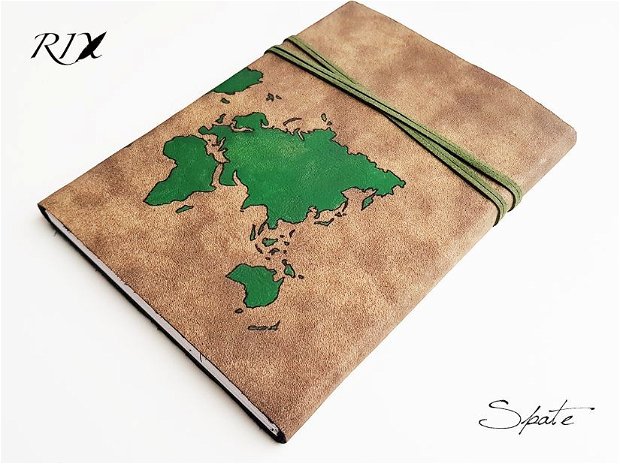 Jurnal (mare) de călătorie cu harta lumii -VERDE- Jurnal de călătorie cu copertă de piele naturală maro