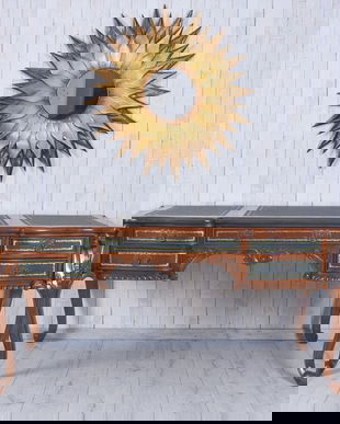 Birou din lemn mahon cu blat din piele verde