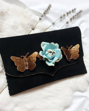 poseta plic handmade unicat din piele - Blue Rose